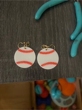 White and Red Baseball Stitch Drop Earrings with Gold Hooks